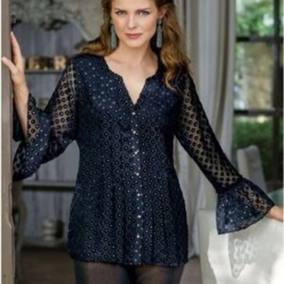 Soft Surroundings Black Velvet Dot Blouse Medium - Picture 2 of 7